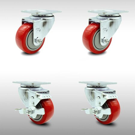Service Caster 3 Inch SS Red Polyurethane Swivel Top Plate Caster Set with 2 Brakes SCC SCC-SS20S314-PPUB-RED-2-TLB-2